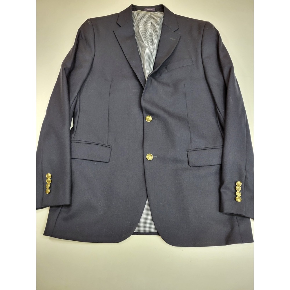 Stafford Mens Blazer 42L Navy Blue 100% Wool Slim Fit Gold Buttons Sport Coat